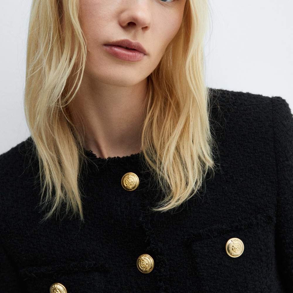 Mango Pocket Tweed Jacket, Black with Gold Buttons, Women’s Large, Chanel style